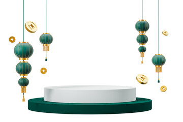 Green Chinese lanterns with golden details, gold coins, and a green and white podium, isolated on a white background. Concept of New Year celebration. 3D Rendering.