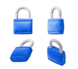 Poster - Four blue and white pillow-shaped padlocks designed from soft fabric, isolated on a white background. Concept of security and comfort. 3D Rendering.