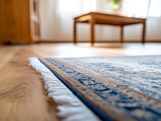 Poster - Modern Persian rug features elaborate blue and white patterns on polished wood flooring, showcasing a single fringed corner curling upward, inviting warmth