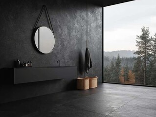 Poster - Close-up view of a stylish hallway highlighting a contemporary console table, round mirror, and a storage basket, complemented by outdoor greenery and lighting