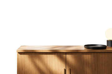 Poster - Wooden cabinet with atray and stylish lamp on its surface, isolated on a white background. Sunlight casts soft shadows. Concept of interior design. 3D Rendering.