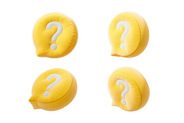 Poster - Four yellow speech bubble-shaped pillows featuring question marks, isolated on a white background, concept for thinking, ideas, or communication. 3D Rendering.
