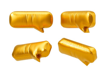 Poster - Shiny golden speech bubble-shaped balloons, isolated on a white background, showcasing different angles. Concept of communication and creativity. 3D Rendering.