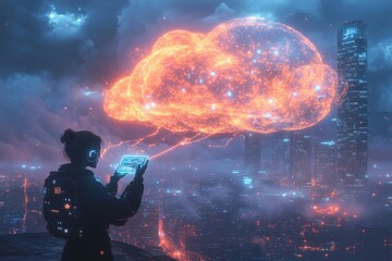 Wall Mural - A woman is looking at a tablet in front of a large orange cloud