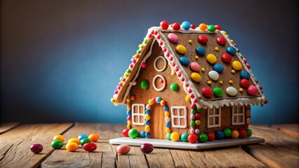 Wall Mural - Charming gingerbread house decorated with colorful candies and icing sitting on a simple background , holiday, festive