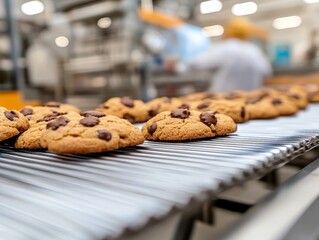 Poster - A close-up of a row of cookies moving along a conveyor belt in a busy factory, showcasing the process of mass production with a blurred background
