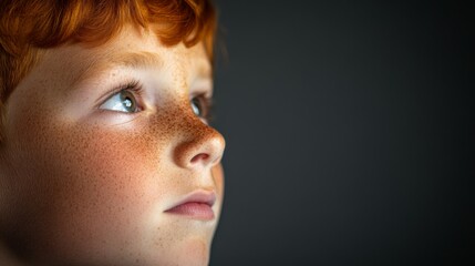 Poster - A young boy with bright red hair gazes with wide eyes, expressing curiosity. The dramatic side lighting enhances his freckled features against a muted backdrop