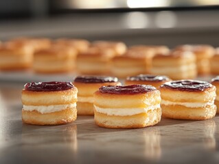 Poster - Assorted cronuts filled with rich creams and jams are displayed on a marble countertop, showcasing intricate layers and tempting textures in a delightful arrangement