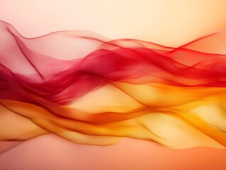 Fototapete - Translucent fabric in shades of red and yellow billows elegantly, layered with leaf patterns, against a soft gradient backdrop with space for text on the side