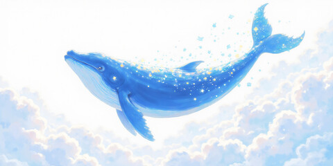 Poster - A serene illustration of a blue whale swimming among fluffy clouds, adorned with sparkling elements, representing imagination and wonder, suitable for children's art and fantasy themes.