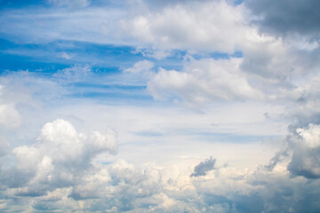 Wall Mural - Background with calm blue sky and white cumulus clouds. Relaxing backdrop on the theme of weather and climate.
