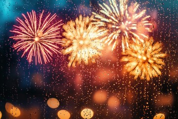 Poster - Colorful fireworks burst a rainy window, creating a festive atmosphere.
