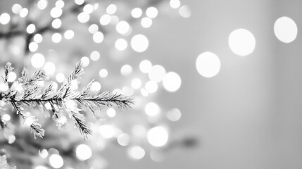 Poster - Close-up of a frosted branch with soft glowing lights in a festive setting.