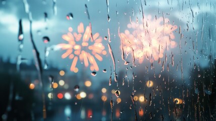 Poster - Colorful fireworks seen a rain-soaked window, creating a blurred, atmospheric effect.