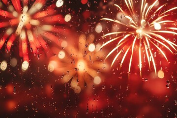 Poster - colorful fireworks illuminating a rainy night sky with a blurred background.