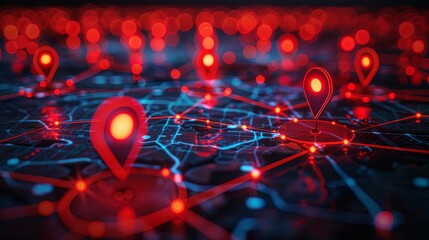 3d map with red location pins and network lines illustrating mapping and spatial data connections.