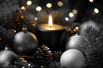 Poster - elegant holiday decoration with candles, ornaments, and pine cones in a festive setting.