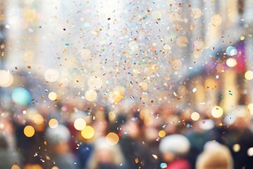 Poster - Colorful confetti falls a festive crowd in a lively urban celebration scene.