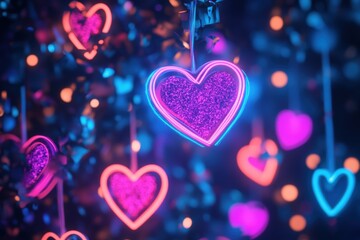 Poster - Colorful neon hearts glowing in a dark setting create a vibrant romantic atmosphere.