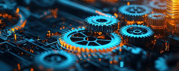 Poster - Close-up view of intricate gears with neon blue and orange light effects.
