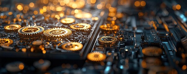 Poster - Close-up view of intricate gears and circuitry, showcasing modern technological design.