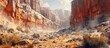 © Waraporn - Expansive and desert canyon landscape featuring towering rocky cliffs dramatic geological formations and a weathered cracked terrain