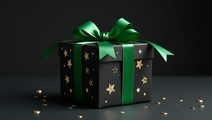 Aufkleber - Stylish giftbox with green ribbon bow featuring golden stars and sequins on an isolated black background with empty space surrounding it._00001_