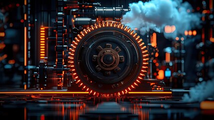 Poster - Futuristic machinery with glowing elements and smoke effects.