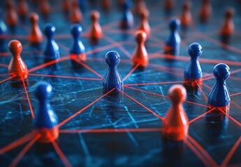 Poster - Abstract representation of digital connectivity with multicolored game pieces connected by red lines symbolizing networking, collaboration, and interactivity in a modern technology environment