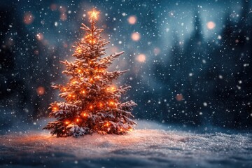 Wall Mural - Christmas tree shining brightly in snowy forest at sunset