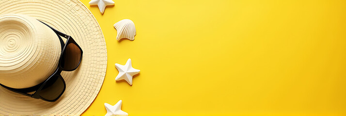 Poster - Relax and unwind with a summer escape featuring sunhat sunglasses and seashells on a bright yellow background with empty space for text._00001_