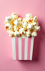 Aufkleber - Popcorn bursts from a striped box, forming a heart shape, set against a soft pink background in a vertical top view._00001_