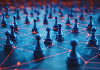 Poster - Blue chess pawns scattered on a dark board illuminated by glowing connections and network lines representing strategic planning and digital gameplay concepts