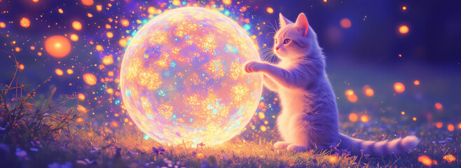 Poster - An illustration of a playful kitten interacting with a glowing orb filled with colorful lights, creating a magical and enchanting atmosphere for children's content.