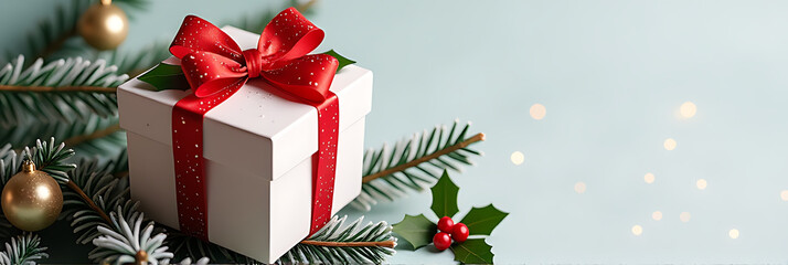 Poster - Magnificent giftbox with red ribbon, sparkling ornaments, and holly berries sits atop a frosty fir tree on a light colored backdrop._00001_