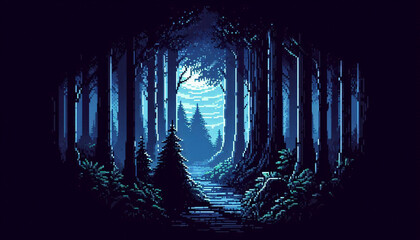 Poster - Pixel art illustration of A mysterious, dark forest with tall trees and a thick fog, illuminated by a faint blue light