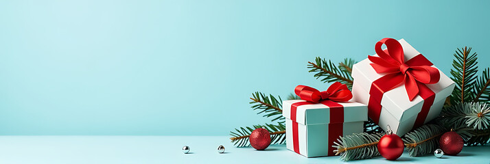 Poster - Gift boxes with bows and decorations sit atop a snowy fir branch against a light blue background with minimal ornamentation visible._00001_