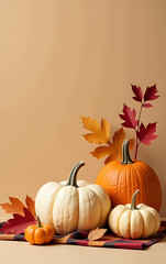 Poster - Create a warm autumn setup with a mix of soft textures and vibrant colors like plaid, pumpkins, and golden leaves against a beige background._00001_