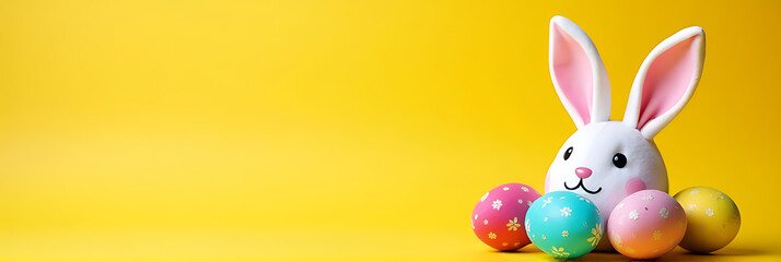 Aufkleber - Colorful Easter eggs and bunny ears sit atop a bright yellow background with plenty of empty space surrounding them._00001_