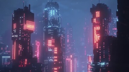 Wall Mural - A pixelated landscape of a futuristic city with towering skyscrapers, glowing lights, and neon accents in an abstract style