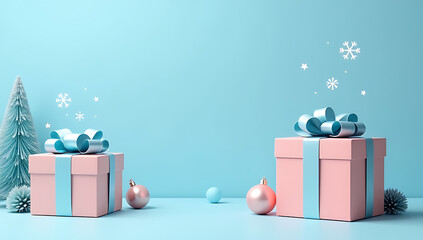 Aufkleber - Big gift boxes with blue and silver ribbons, stars, and snowflakes decorate a serene pastel blue background with plenty of empty space._00001_