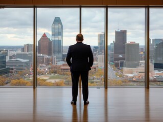 Aufkleber - A businessman stands confidently by a floor-to-ceiling window, observing a bustling city skyline under soft natural light, with ample copy space to the right