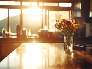 Poster - A beautifully arranged bouquet of mixed flowers sits in a clear vase on a glass dining table, illuminated by the warm glow of natural sunlight streaming in