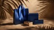 © Oksana - Elegant blue and beige packaging under leaf shadows.