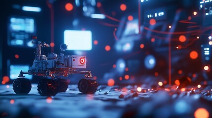 Poster - robotic rover exploring a futuristic digital landscape with glowing elements at twilight