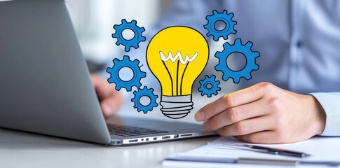 Poster - With a notebook computer in front of him, a man holds a light bulb with a gear icon inside, illustrating how online technology inspires innovative ideas.
