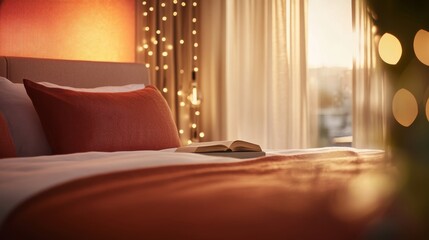 Poster - In a softly lit bedroom, a neatly made bed invites relaxation, illuminated by a starry projection lamp and a single book resting on the pillow, creating a cozy ambiance