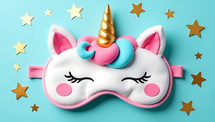 Aufkleber - A soft colored sleep mask shaped like a unicorn lies on an isolated pastel blue background with golden star confetti._00001_