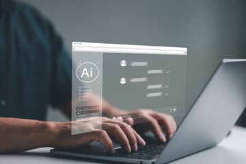 Fototapete - People Chat with AI, Artificial Intelligence. Man using technology smart robot AI, artificial intelligence by enter command prompt for generates something, Futuristic technology transformation.