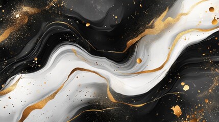 Canvas Print - Abstract Black and White Fluid Art with Gold Accents Creating Elegant Waves and Textures for Modern Design and Creative Projects